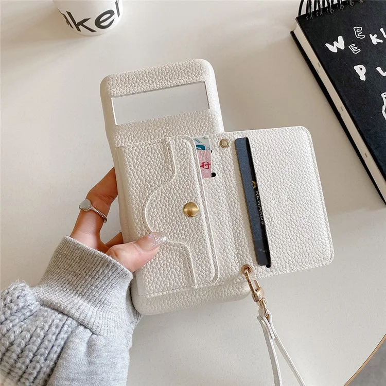 Capa para Google Pixel 8a, design de espelho, cobertura traseira de couro PU com slots para cartões, alça de pulso - Branco