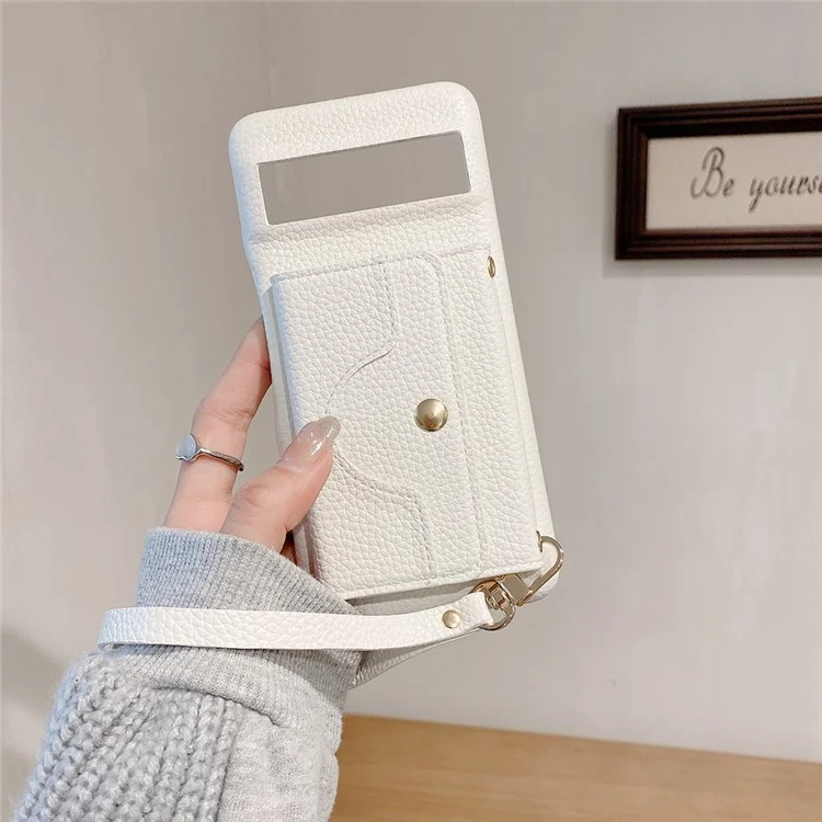 Capa para Google Pixel 8a, design de espelho, cobertura traseira de couro PU com slots para cartões, alça de pulso - Branco