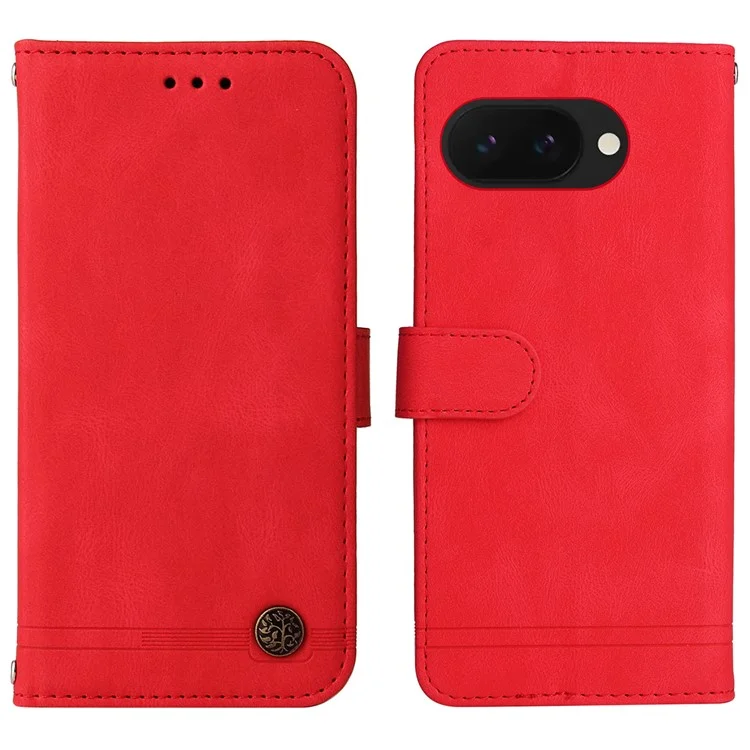 Étui portefeuille pour Google Pixel 9a, en cuir au toucher, motif arbre, protection pour le téléphone - Rouge