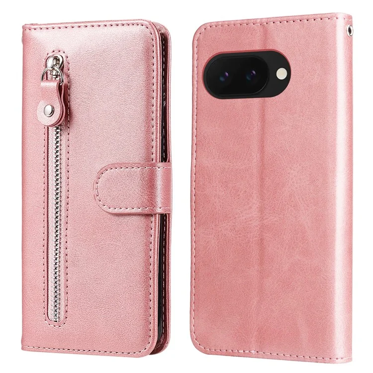 Capa para Google Pixel 9a, carteira com zíper, textura de couro sintético - Rosa