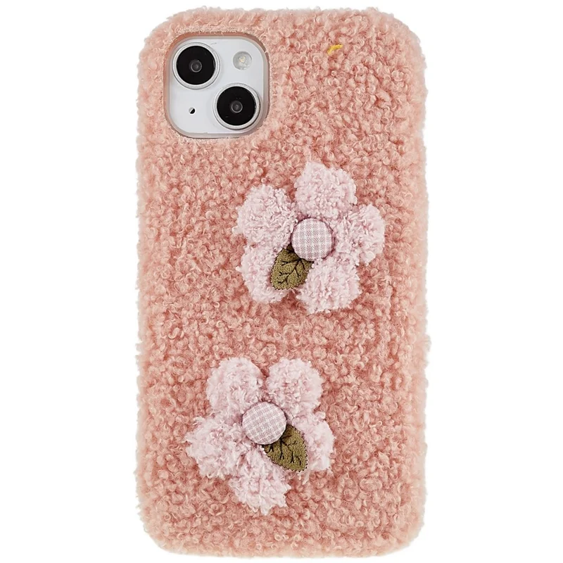 For iPhone 14 Flower Decor Fluffy Soft TPU Phone Case Warm Protective Back Cover - Pink