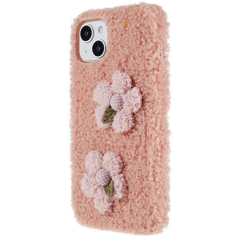For iPhone 14 Flower Decor Fluffy Soft TPU Phone Case Warm Protective Back Cover - Pink