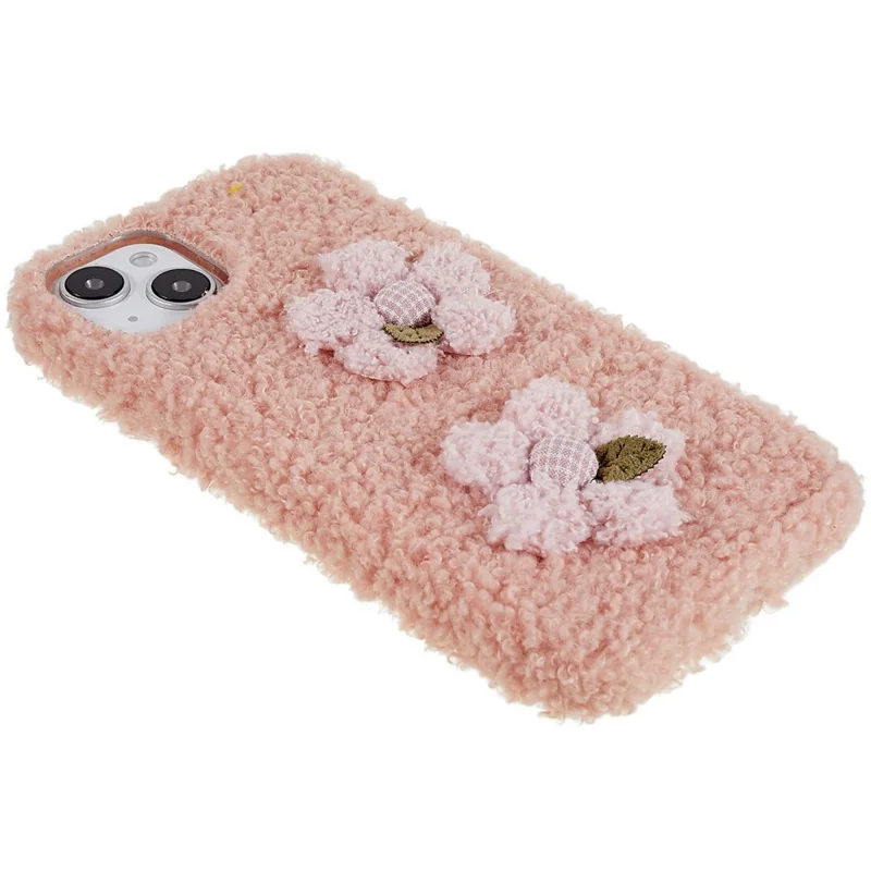 For iPhone 14 Flower Decor Fluffy Soft TPU Phone Case Warm Protective Back Cover - Pink
