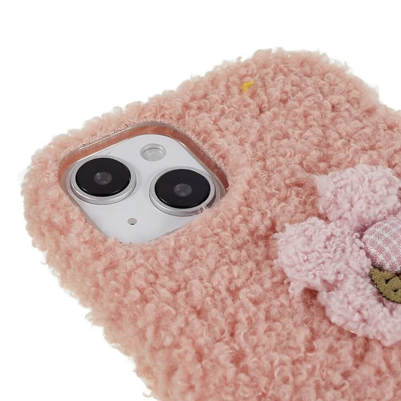 For iPhone 14 Flower Decor Fluffy Soft TPU Phone Case Warm Protective Back Cover - Pink