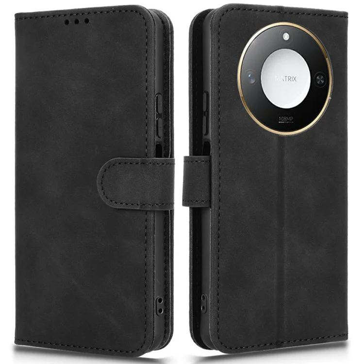 Capa de couro 5G para Honor X60, com sensação de pele, antiimpacto e carteira flip - Preto