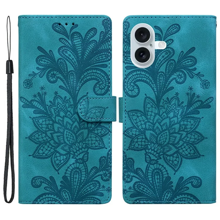 Capa para iPhone 16 Plus com flores em renda estampada e carteira de couro sintético - Verde