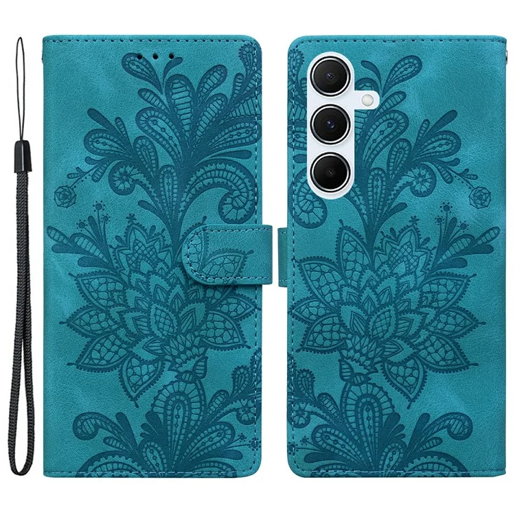 Capa de couro sintético com flores de renda gravadas para Samsung Galaxy A15 5G / 4G - Verde