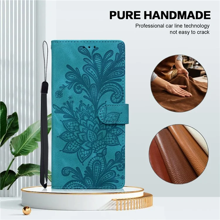 Capa de couro sintético com flores de renda gravadas para Samsung Galaxy A15 5G / 4G - Verde