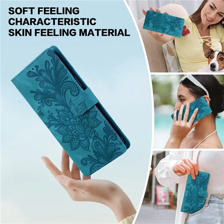 Capa de couro sintético com flores de renda gravadas para Samsung Galaxy A15 5G / 4G - Verde