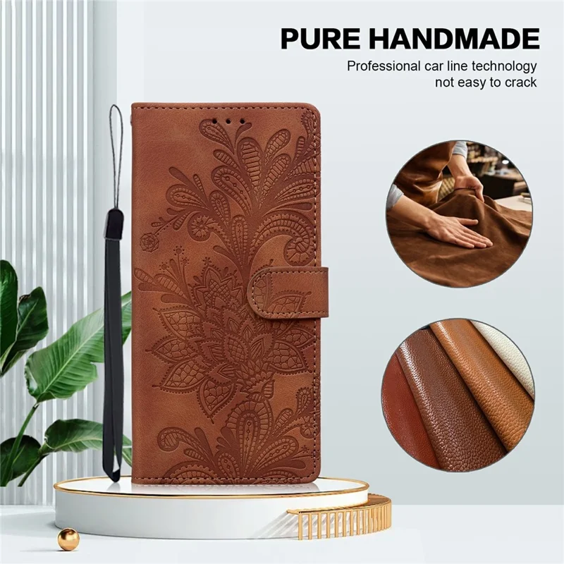 For Samsung Galaxy A56 5G  /  A36 5G Case Imprinted Lace Flowers PU Leather Wallet Phone Cover - Brown