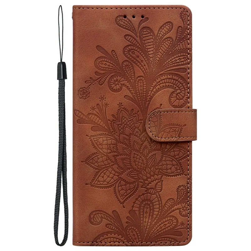 For Samsung Galaxy A56 5G  /  A36 5G Case Imprinted Lace Flowers PU Leather Wallet Phone Cover - Brown