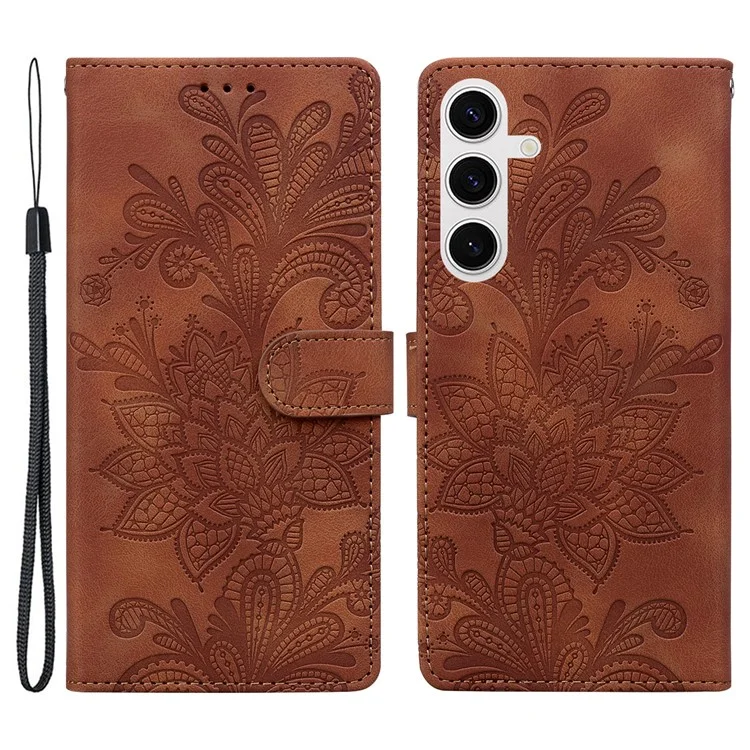Capa para Samsung Galaxy S25 / S24 Flores de renda impressas Capa de carteira de couro PU - Marrom