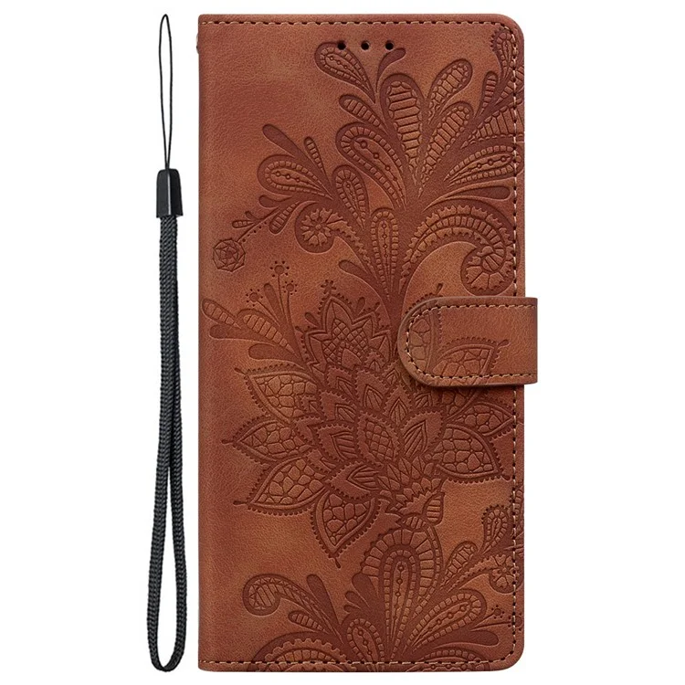 Capa para Samsung Galaxy S25 / S24 Flores de renda impressas Capa de carteira de couro PU - Marrom