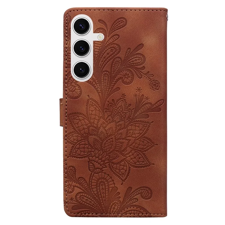 Capa para Samsung Galaxy S25 / S24 Flores de renda impressas Capa de carteira de couro PU - Marrom