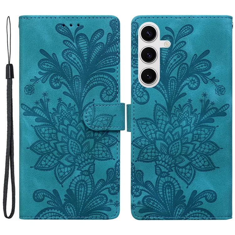 Capa de carteira de couro PU com flores de renda estampadas para Samsung Galaxy S25+ / S24+ - Verde