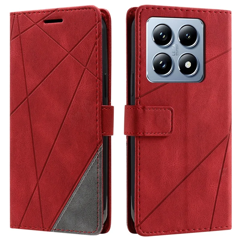 For Xiaomi 14T Case Imprinted Lines PU Leather Splicing Wallet Phone Cover - Red