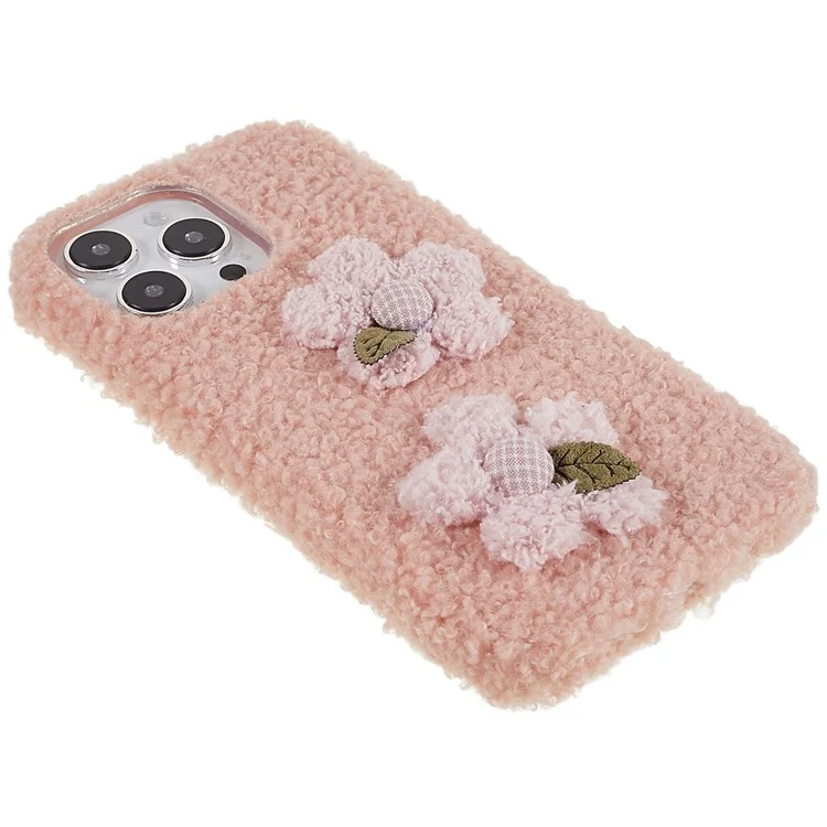 For iPhone 14 Pro Flower Decor Fluffy Phone Back Case Soft TPU Anti-scratch Anti-drop Cover - Pink