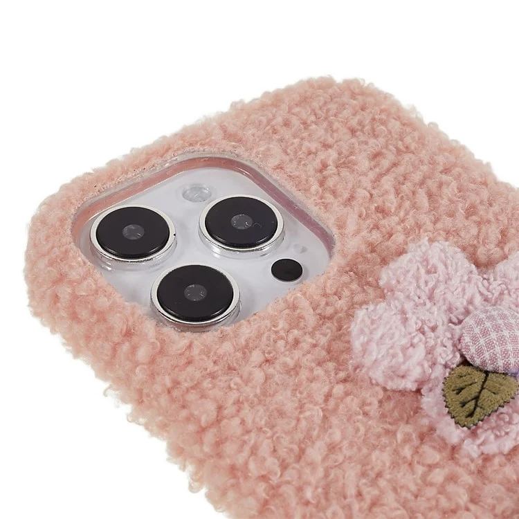 For iPhone 14 Pro Flower Decor Fluffy Phone Back Case Soft TPU Anti-scratch Anti-drop Cover - Pink