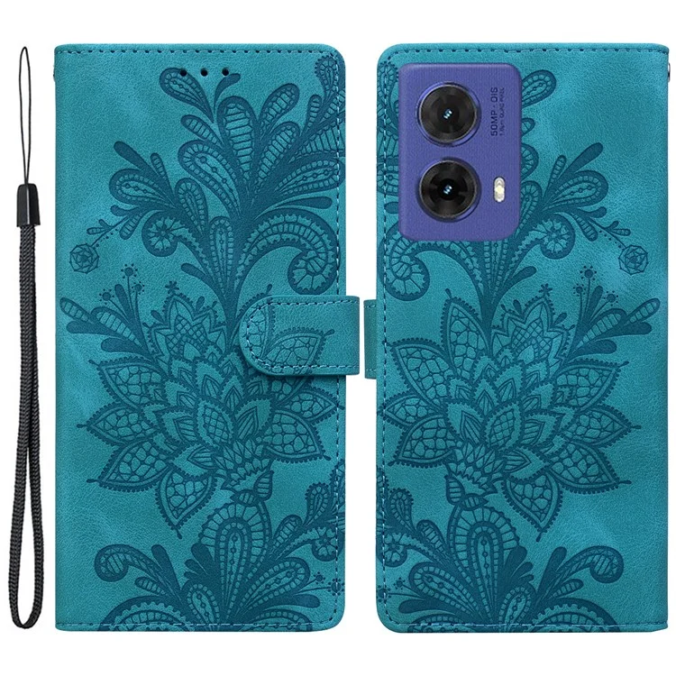 Capa de couro sintético com flores de renda estampadas para Motorola Moto G85 5G - Verde