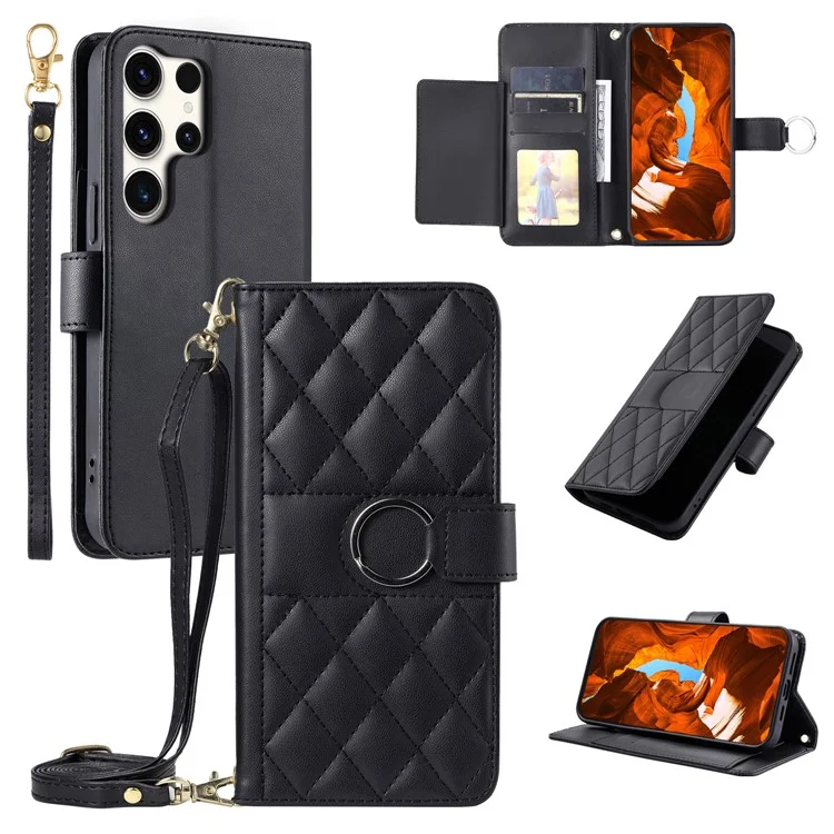 For Samsung Galaxy S25 Ultra Crossbody Leather Case Ring Buckle Wallet Stand Rhombus Mobile Cover - Black