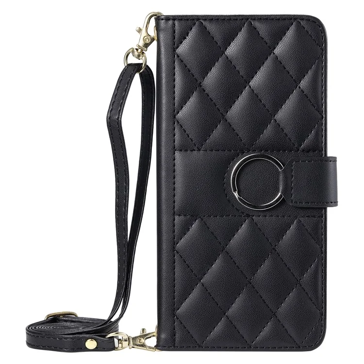 For Samsung Galaxy S25 Ultra Crossbody Leather Case Ring Buckle Wallet Stand Rhombus Mobile Cover - Black