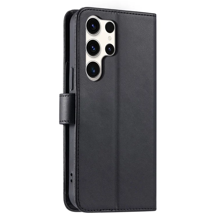 For Samsung Galaxy S25 Ultra Crossbody Leather Case Ring Buckle Wallet Stand Rhombus Mobile Cover - Black