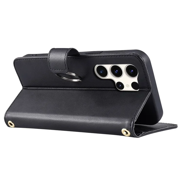 For Samsung Galaxy S25 Ultra Crossbody Leather Case Ring Buckle Wallet Stand Rhombus Mobile Cover - Black