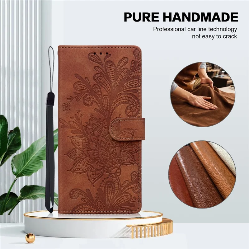 For Xiaomi Redmi Note 13 4G Case Imprinted Lace Flowers PU Leather Wallet Phone Cover - Brown