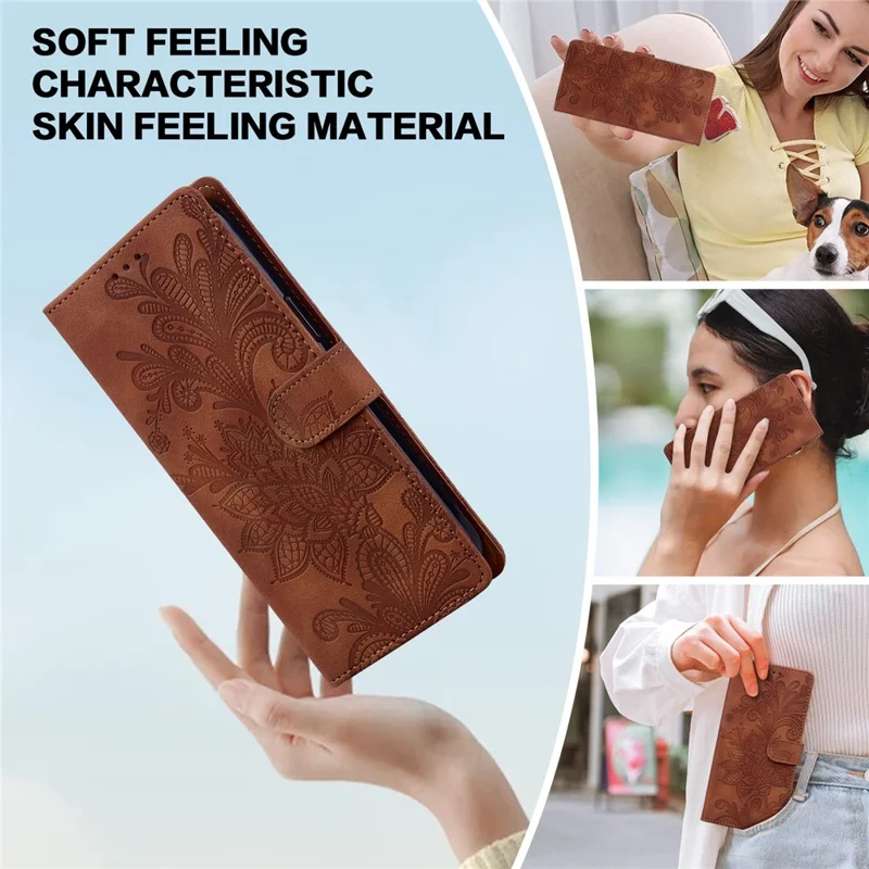 For Xiaomi Redmi Note 13 4G Case Imprinted Lace Flowers PU Leather Wallet Phone Cover - Brown