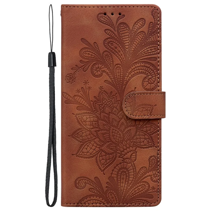 For Xiaomi Redmi Note 13 4G Case Imprinted Lace Flowers PU Leather Wallet Phone Cover - Brown