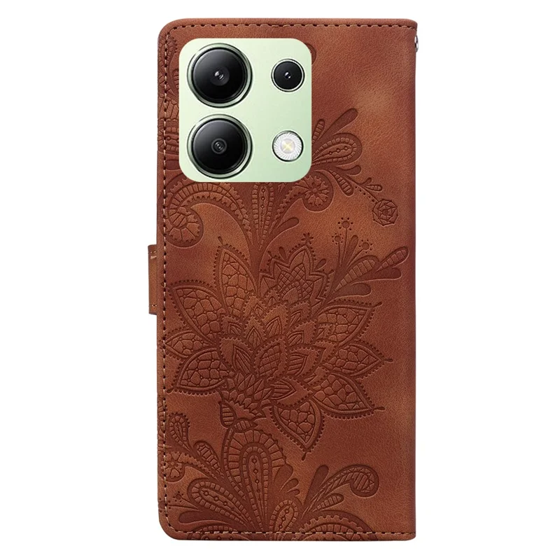 For Xiaomi Redmi Note 13 4G Case Imprinted Lace Flowers PU Leather Wallet Phone Cover - Brown