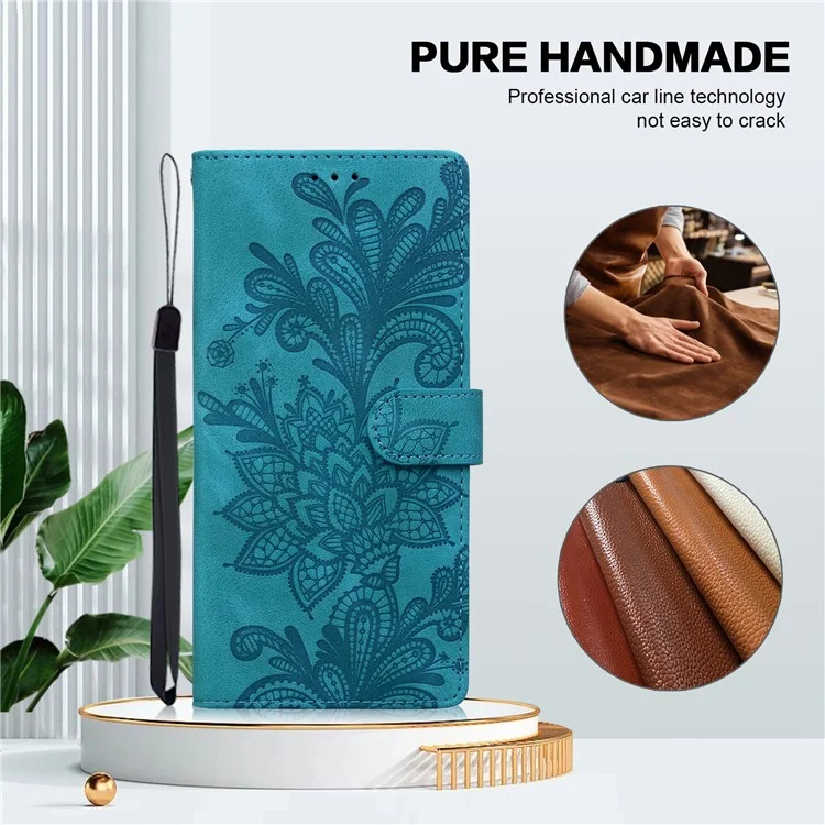 Capa para Xiaomi Redmi Note 13 5G, com flores de renda estampadas e couro sintético, tipo carteira - Verde