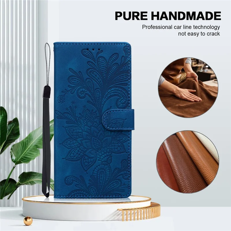 For Xiaomi Redmi Note 13 5G Case Imprinted Lace Flowers PU Leather Wallet Phone Cover - Dark Blue