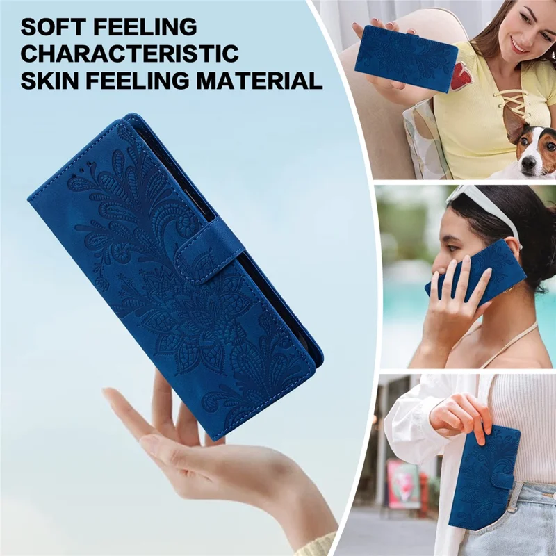 For Xiaomi Redmi Note 13 5G Case Imprinted Lace Flowers PU Leather Wallet Phone Cover - Dark Blue