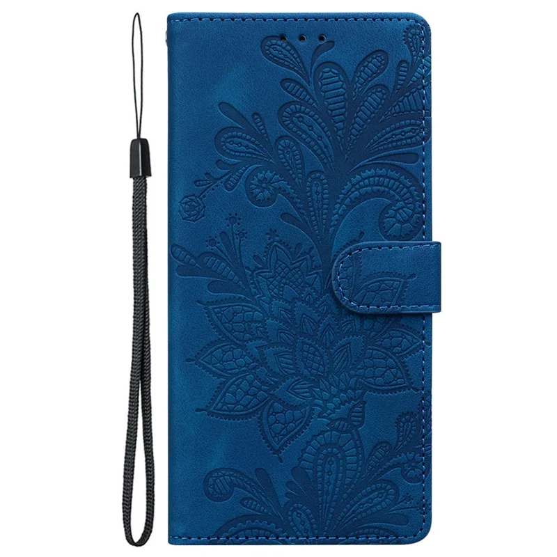 For Xiaomi Redmi Note 13 5G Case Imprinted Lace Flowers PU Leather Wallet Phone Cover - Dark Blue