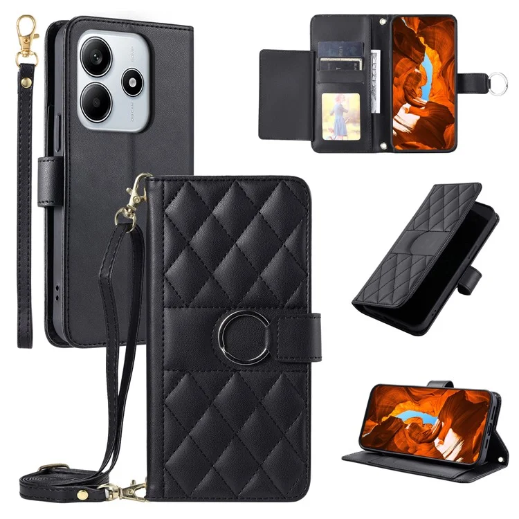Für Xiaomi Redmi Note 14 5G Crossbody-Ledertasche mit Ringgurt, Geldbörse, Ständer, Rhombus-Handyhülle - Schwarz