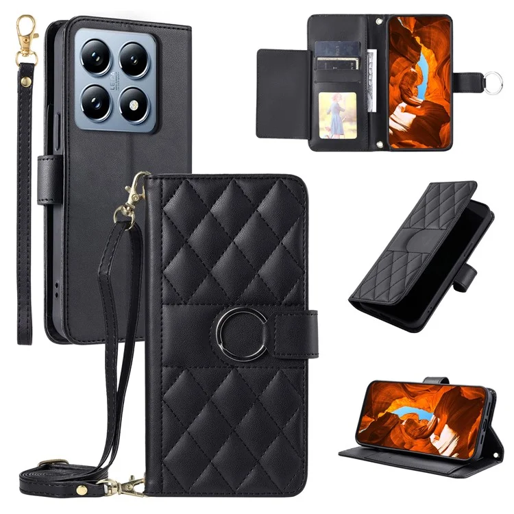 For Xiaomi 14T Pro Crossbody Leather Case Ring Buckle Wallet Stand Rhombus Mobile Cover - Black