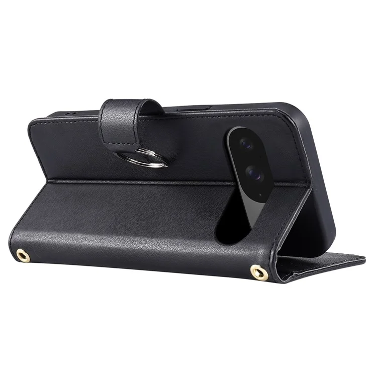 Capa de couro para Google Pixel 9 / 9 Pro com alça transversal, fivela, carteira e suporte, capa móvel com desenho de losango - Preto