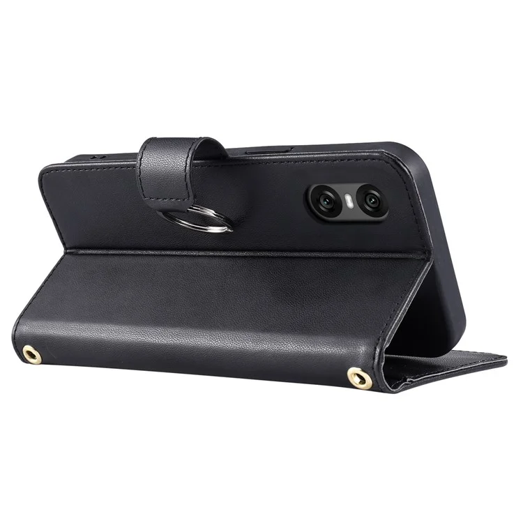 For Sony Xperia 5 V Crossbody Leather Case Ring Buckle Wallet Stand Rhombus Mobile Cover - Black