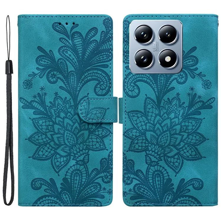 Capa para Xiaomi 14T Pro com flores de renda em relevo e carteira de couro sintético - Verde
