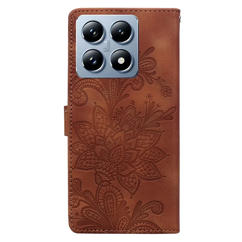 For Xiaomi 14T Pro Case Imprinted Lace Flowers PU Leather Wallet Phone Cover - Brown