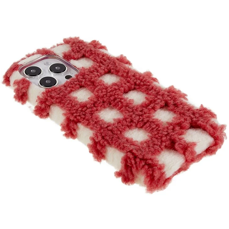 Для Iphone 14 Pro Max Square Grid Plush Contrast Color Color TPU Case Antip-drop Protective Phone Cope - Красный / Белый
