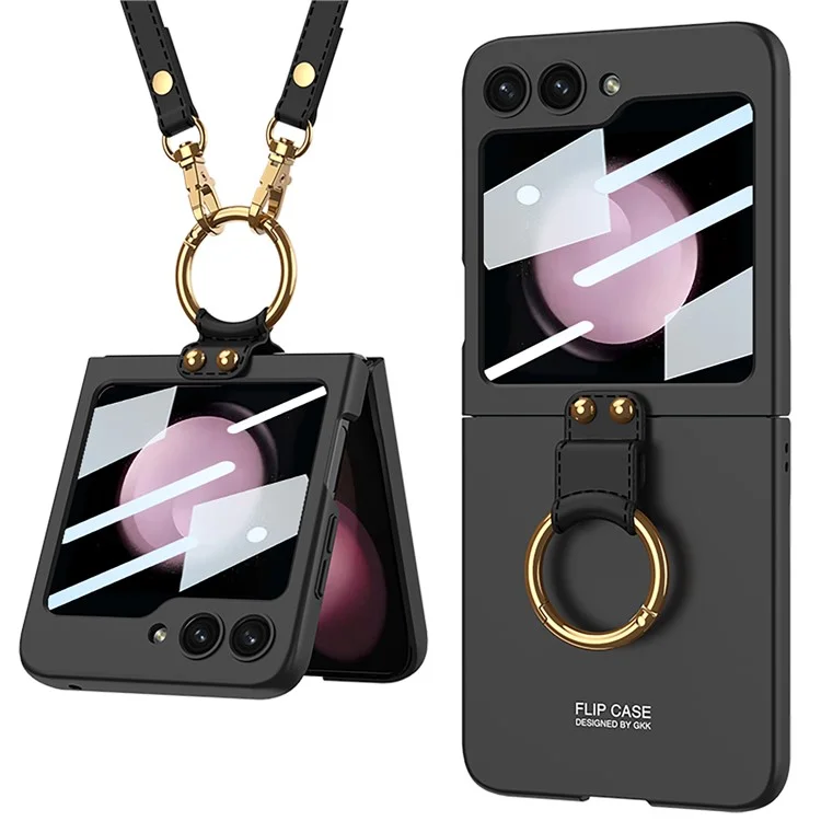 Массовая покупка GKK для чехла Samsung Galaxy Z Flip5 5G с кольцом-держателем, подставкой, ПК-крышкой и пленкой для задней панели - черный