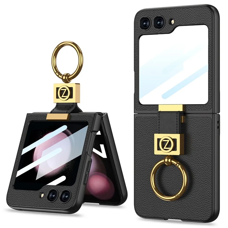 Compre em quantidade GKK Para Samsung Galaxy Z Flip5 5G Capa PC + PU com suporte Capa traseira do telefone com filme de tela traseira integrado - Preto