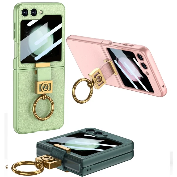 Compre em quantidade GKK Para Samsung Galaxy Z Flip5 5G Capa PC + PU com suporte Capa traseira do telefone com filme de tela traseira integrado - Preto