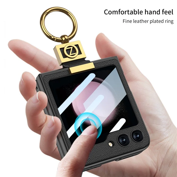 Compre em quantidade GKK Para Samsung Galaxy Z Flip5 5G Capa PC + PU com suporte Capa traseira do telefone com filme de tela traseira integrado - Preto