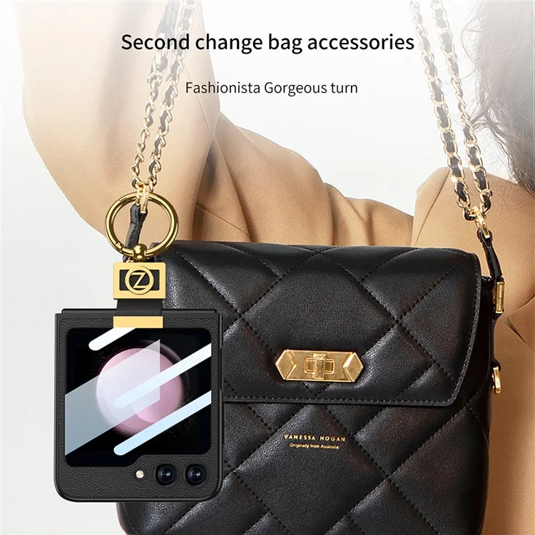 Compre em quantidade GKK Para Samsung Galaxy Z Flip5 5G Capa PC + PU com suporte Capa traseira do telefone com filme de tela traseira integrado - Preto