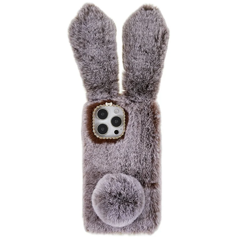 For iPhone 14 Pro Max Cute 3D Bunny Ears Furry Winter Warm Case Drop Resistant TPU Protective Phone Cover with Glitter Rhinestone Bowknot - Brown