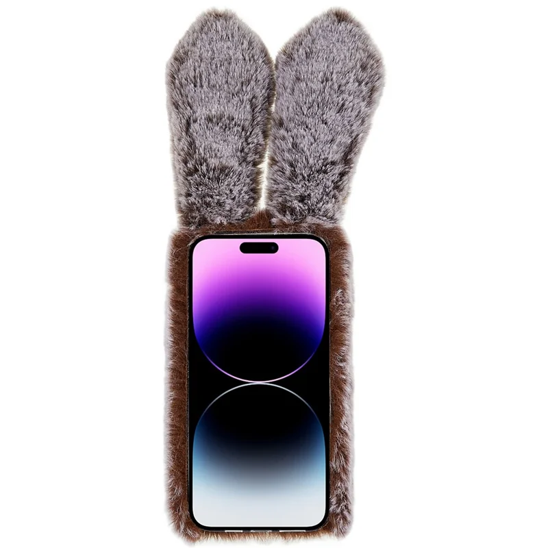 For iPhone 14 Pro Max Cute 3D Bunny Ears Furry Winter Warm Case Drop Resistant TPU Protective Phone Cover with Glitter Rhinestone Bowknot - Brown