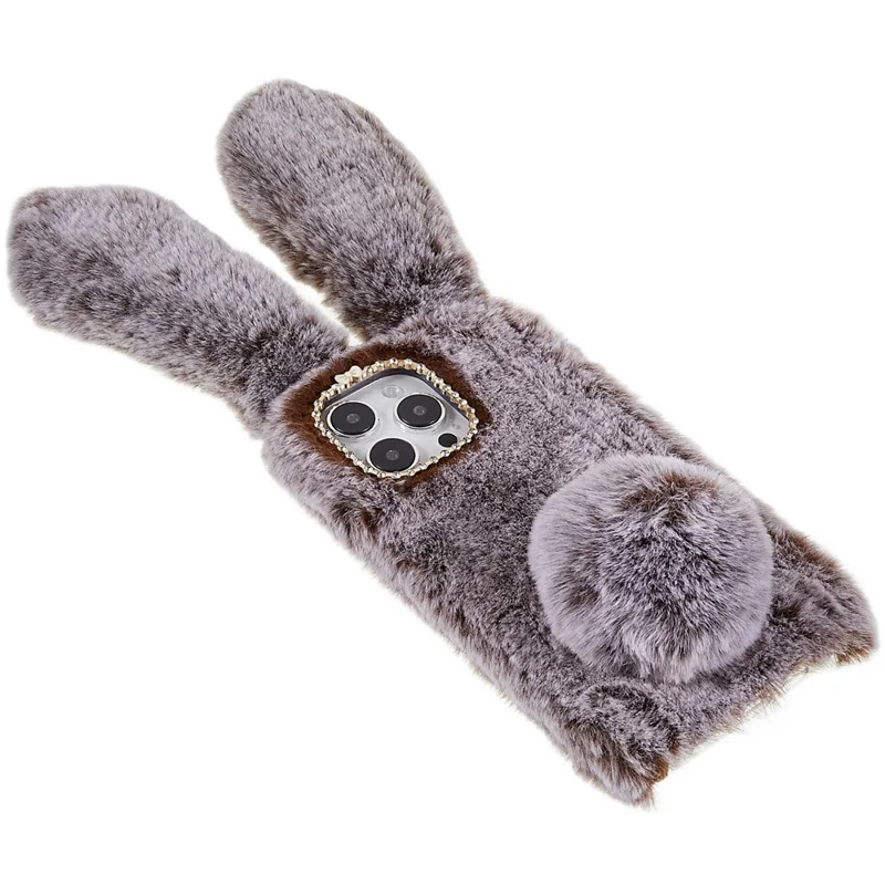 For iPhone 14 Pro Max Cute 3D Bunny Ears Furry Winter Warm Case Drop Resistant TPU Protective Phone Cover with Glitter Rhinestone Bowknot - Brown